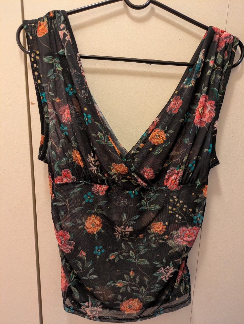 Floral V-Neck Womens Dress Top - Black with Multicolor Flowers